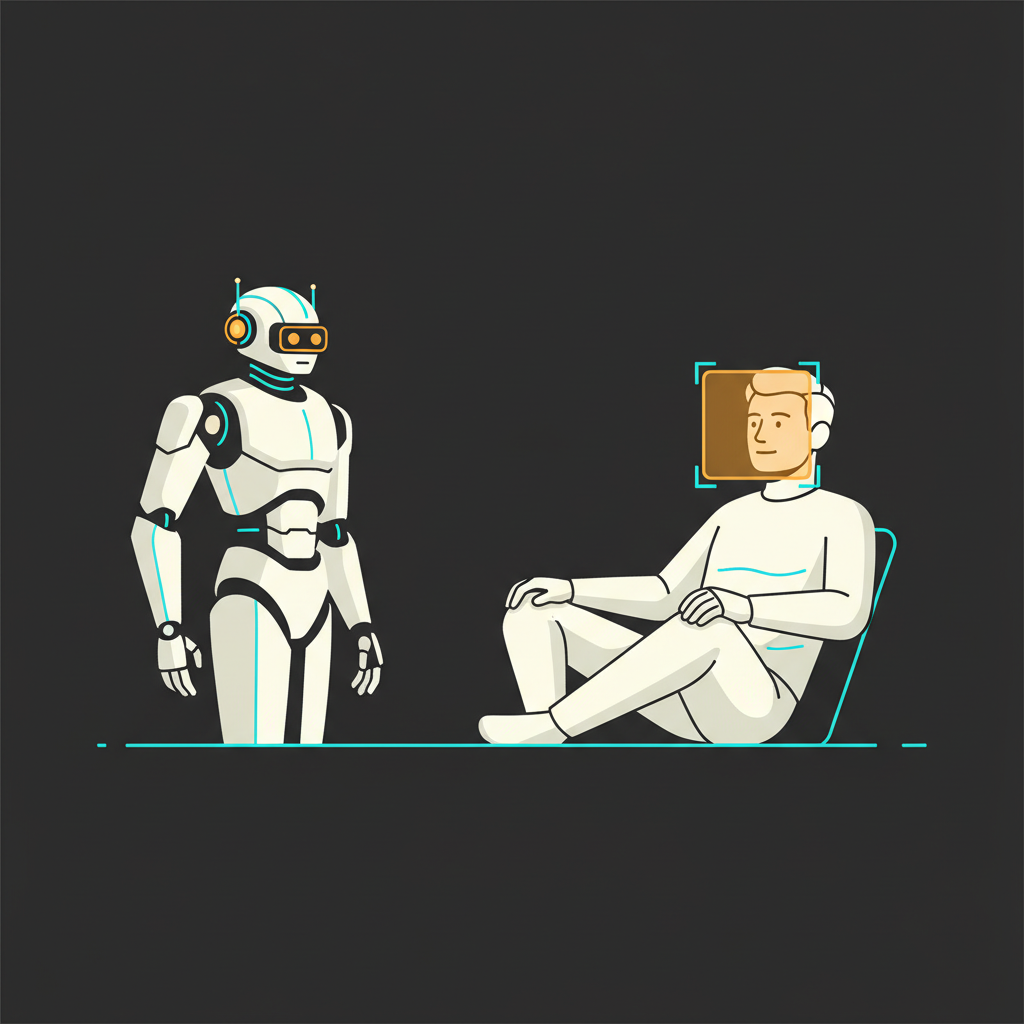 A service robot observing a seated person, with a small overlay box on the face indicating the region used for heart-rate estimation.